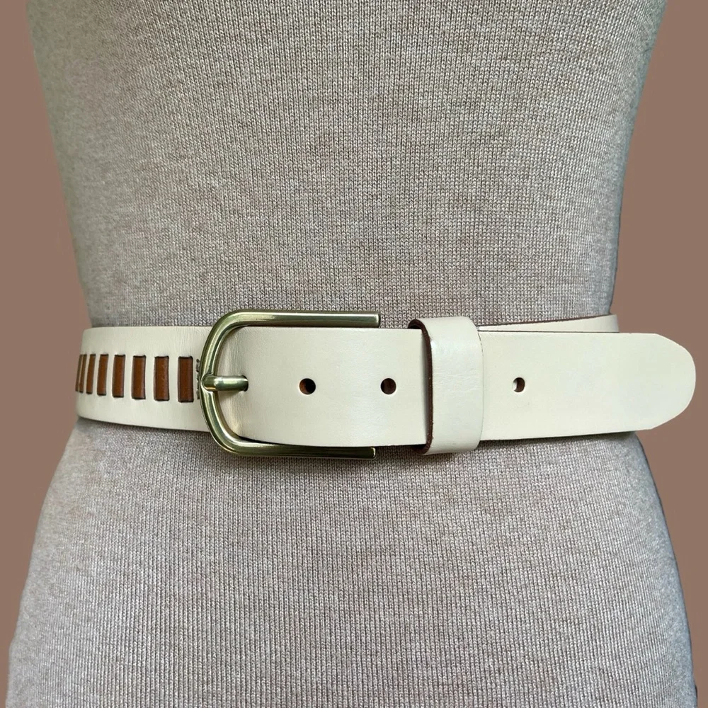 Fossil Leather Belt Cream and Cognac Brown Laced Festival Size S